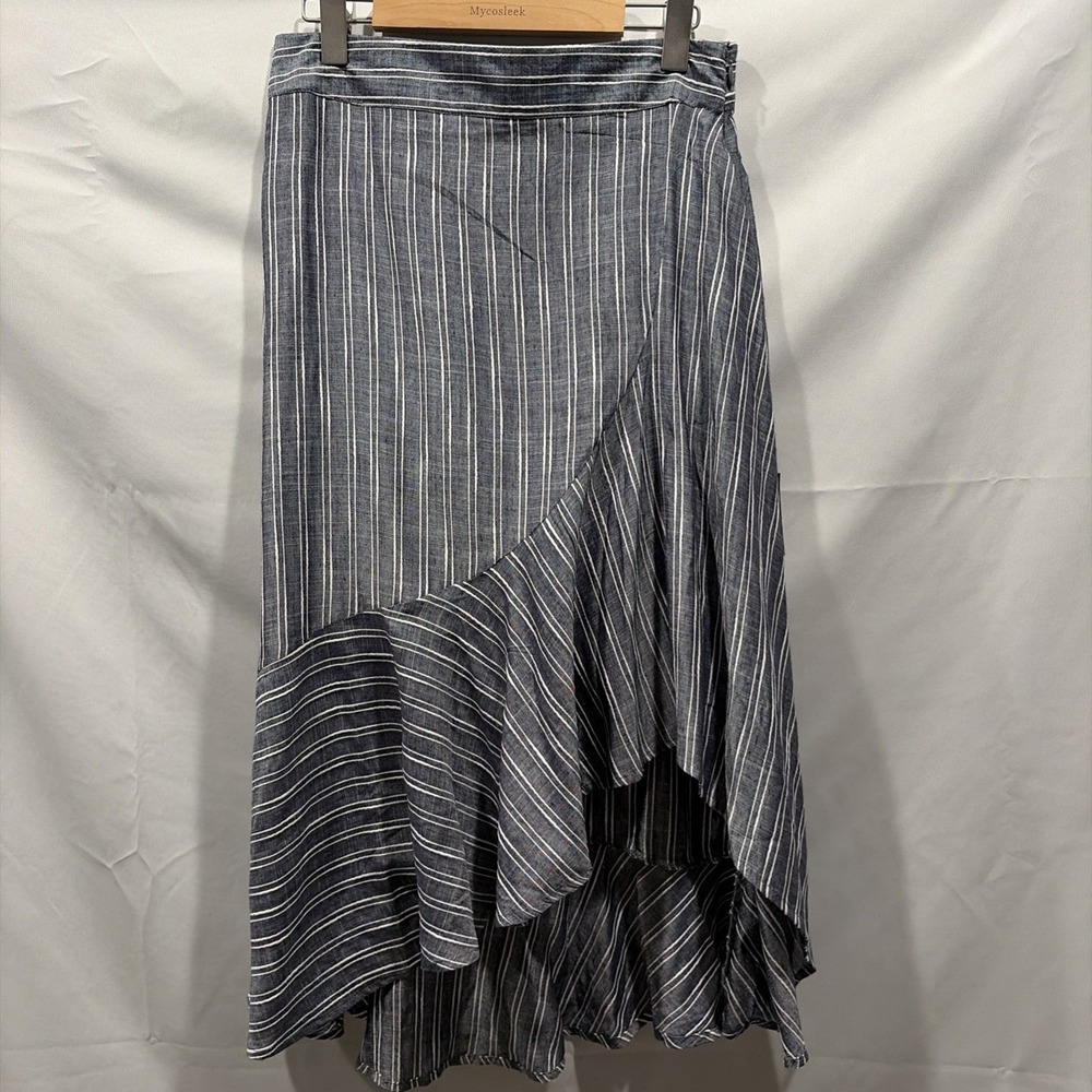 Lulus By the Bay Ruffled Midi Skirt Medium Washed Blue & White Stripe Boho Chic